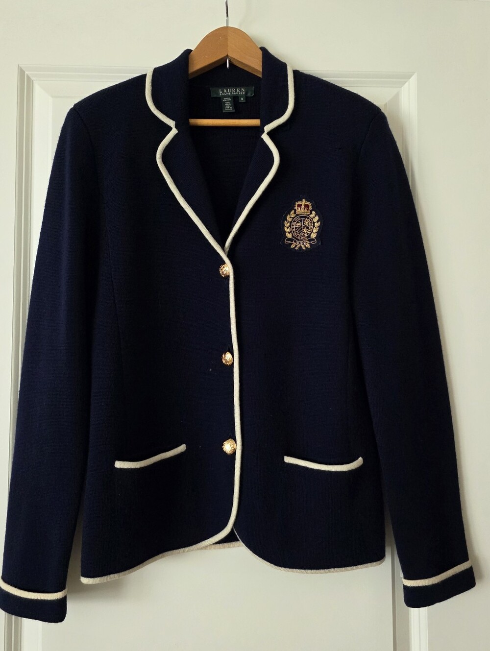 Vintage Lauren Ralph Lauren 100% Wool Crest Sweater Preppy 90s Navy Womens M